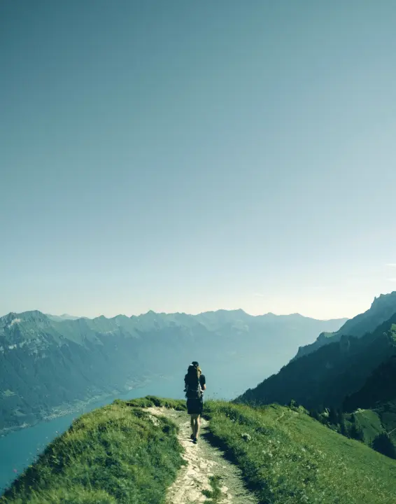 Hiker on mountain trail amid lush greenery and peaks.
